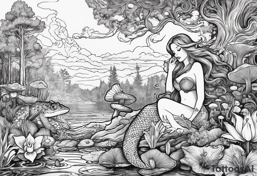 A Mermaid singing in a bayou that has cypress trees, mushrooms, lily pads, frogs, and bugs tattoo idea