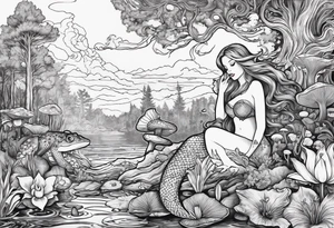 A Mermaid singing in a bayou that has cypress trees, mushrooms, lily pads, frogs, and bugs tattoo idea