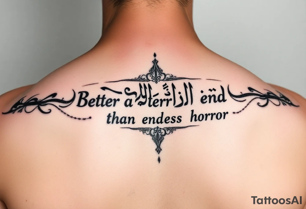 arabic style tattoo with the inscription better a terrible end than endless horror tattoo idea