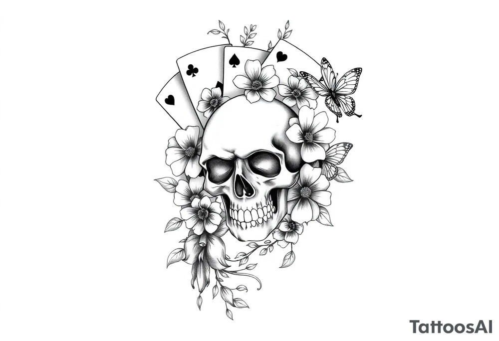 Casino only theme , poker chips deck of cards dice a skull with flowers with raindrop swirls and butterfly’s tattoo idea