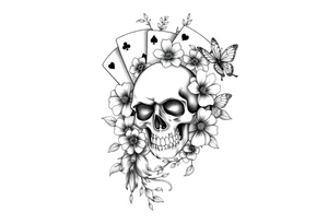 Casino only theme , poker chips deck of cards dice a skull with flowers with raindrop swirls and butterfly’s tattoo idea