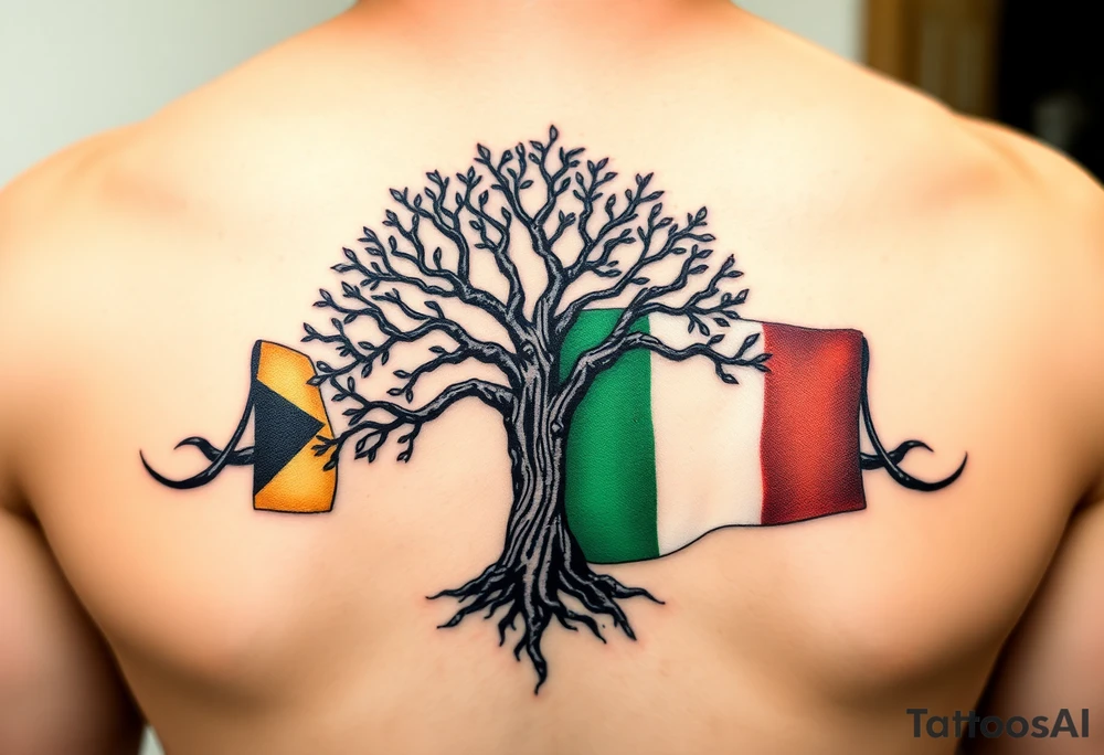 Tree of life with Jamaican and Irish flag colours combined tattoo idea