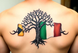 Tree of life with Jamaican and Irish flag colours combined tattoo idea