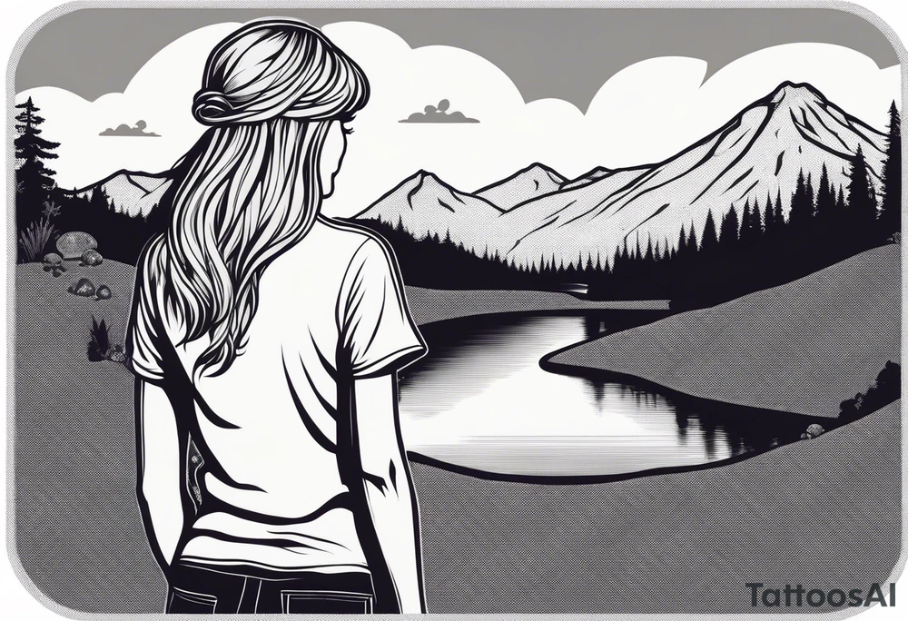 Straight long blonde hair hippie girl in distance holding mushrooms in hand facing away toward mountains and creek surrounded by mushrooms tee shirt and hiking pants tattoo idea