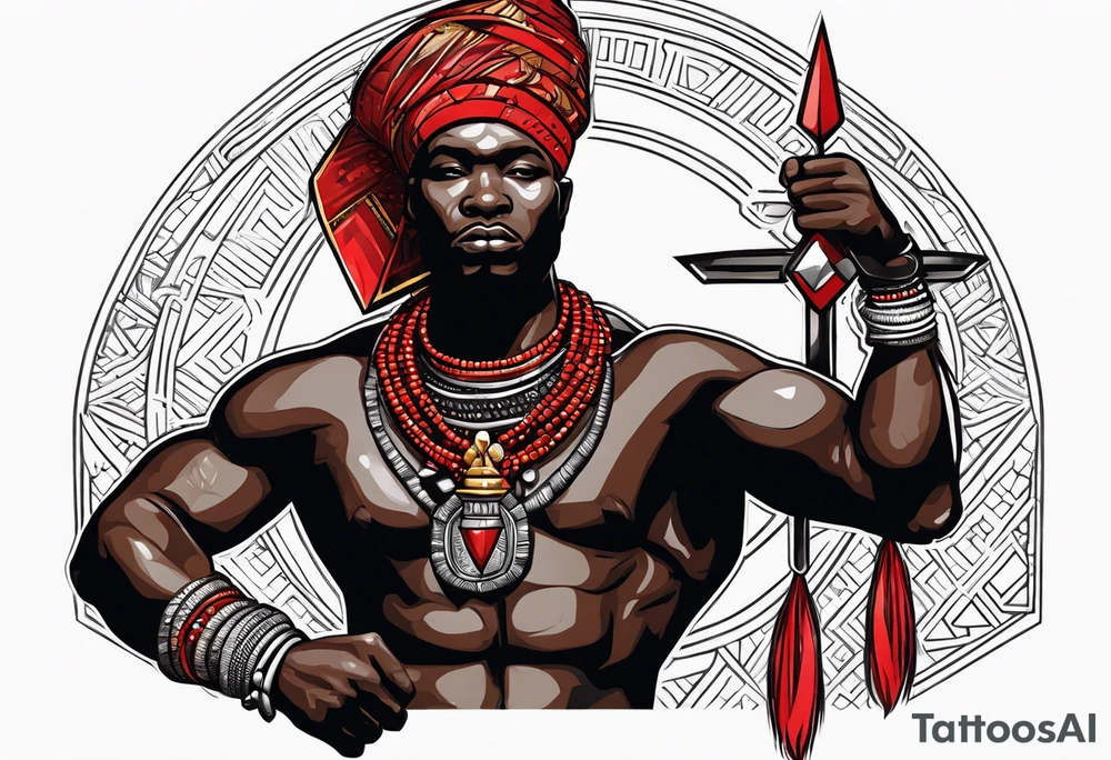 african warrior with a small silver crown and a red necklace tattoo idea