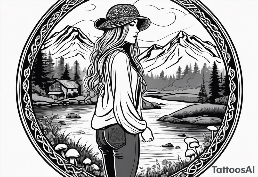 Whole picture encircled fully

Straight long blonde hair hippie girl in distance holding mushrooms in hand facing away toward mountains and creek surrounded by mushrooms long sleeve shirt and hiking pants; whole rendering within a full celtic circle border, no cut off circle tattoo idea
