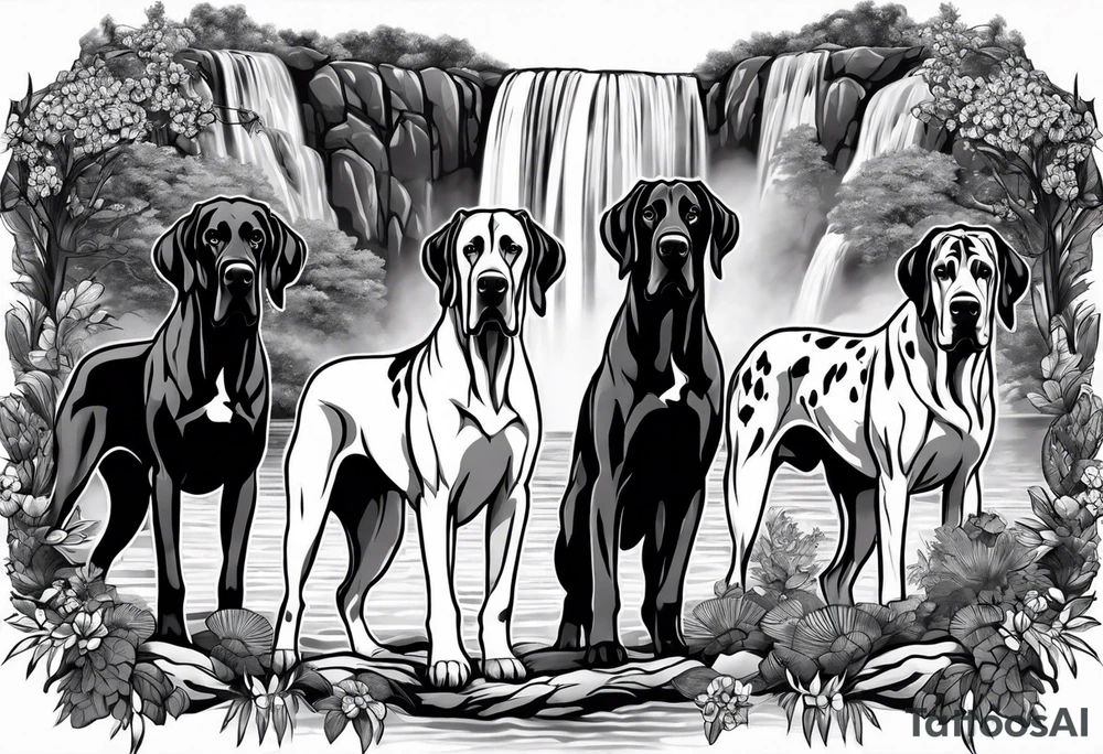 Arm sleeve- with four Great Danes in front of waterfall tattoo idea