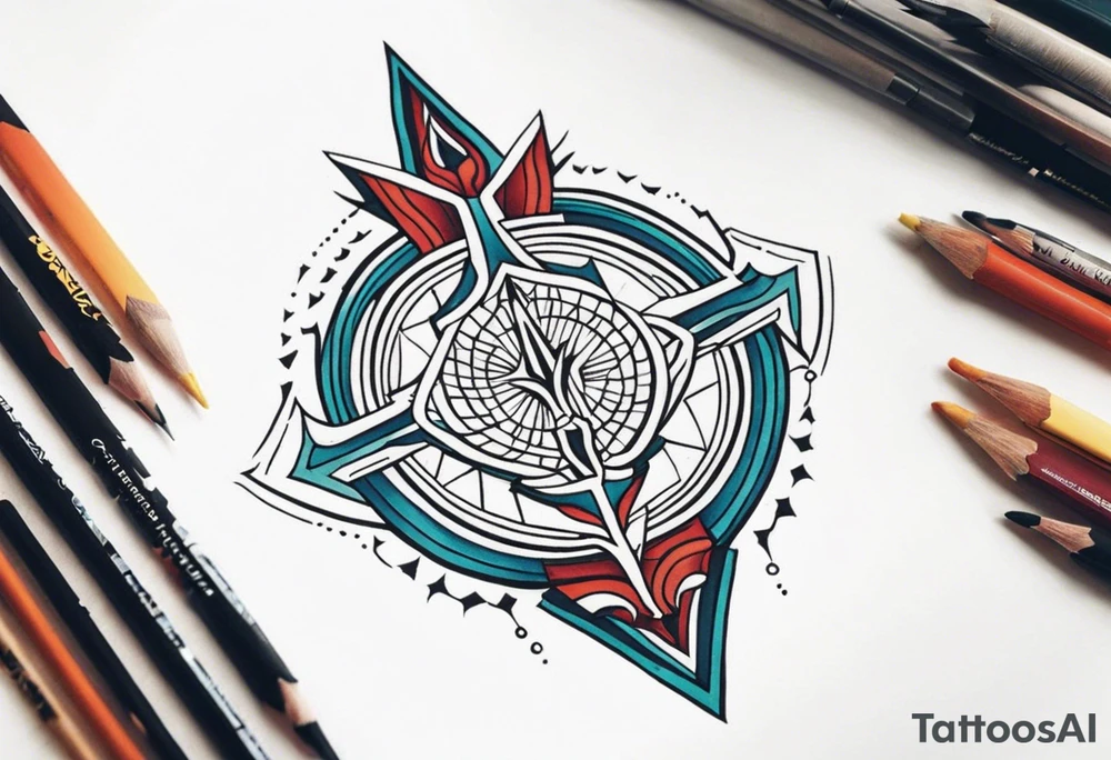 Bold geometric tapestry trident in colour on arm tattoo idea