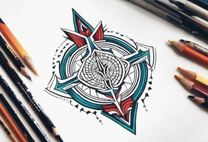 Bold geometric tapestry trident in colour on arm tattoo idea