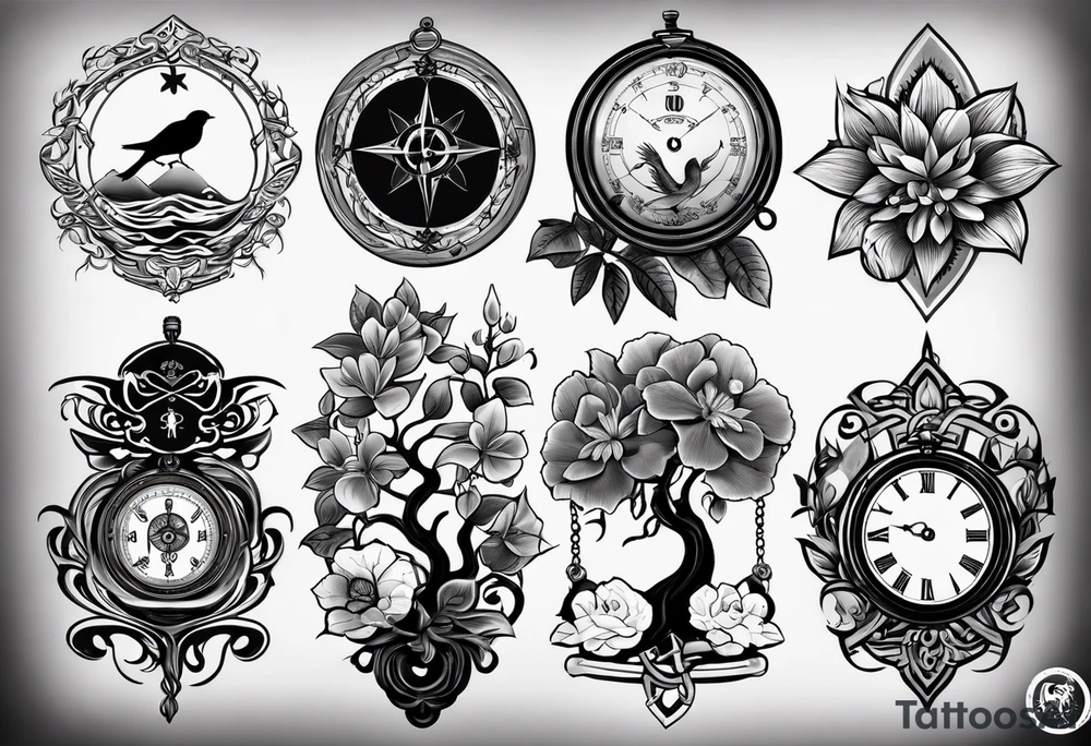 black and grey composition of three elements, 1), combination old school pocket watch and nautical compass, 2) a tree of life and 3) a doctor bird, connected together by lignum vitae flowers, on the arm 3/4 sleeve black and grey tattoo idea
