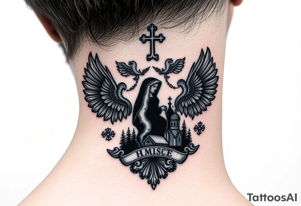 Traditional authentic Russian coat of arms with a Christian orthodox virgin marry in the middle and silhouette in a Russian wilderness Christian orthodoxy dome church village setting on the side of my neck tattoo idea