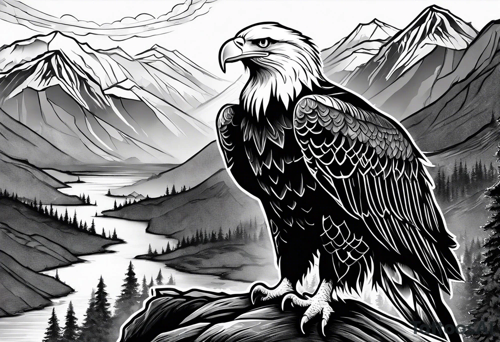 Small Bald eagle with several mountains in background tattoo idea