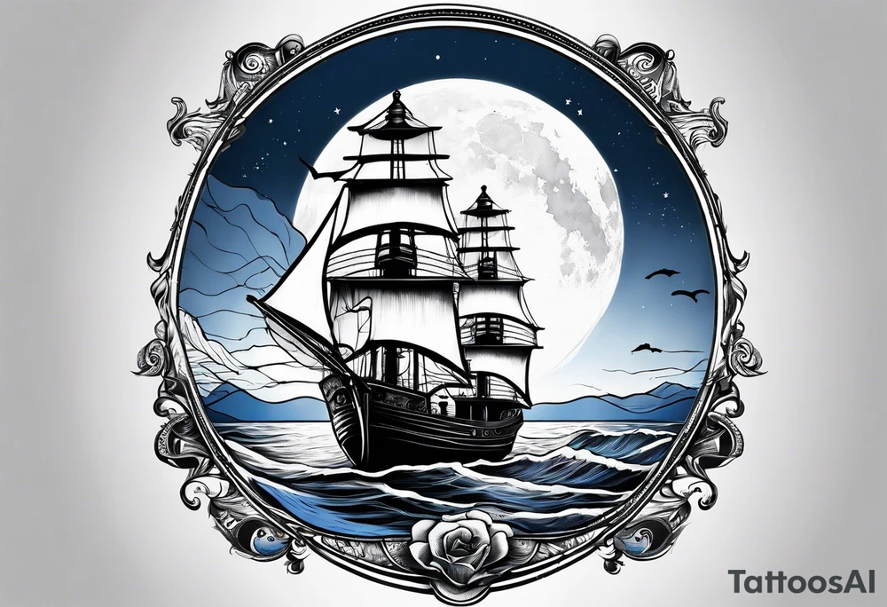 bateau, phare maritime et lune bleu tattoo idea
