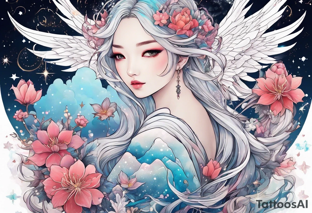 Constellation, wing , snow , cross , dragon female japan kawaii , flower tattoo idea