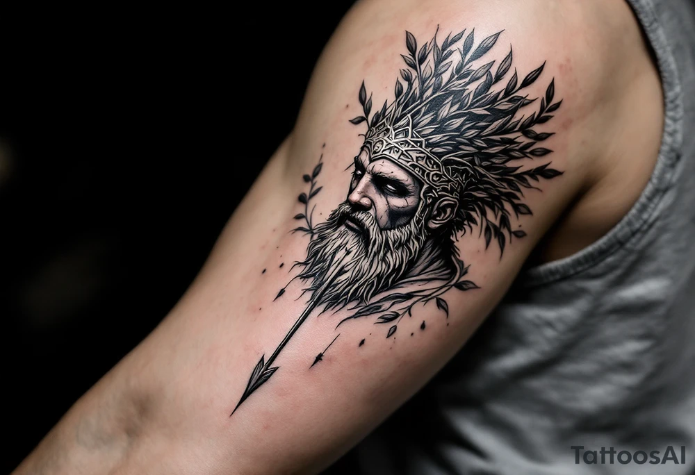 mythological warrior that under the face come down a long arrow and surrounded by a olive tree leaf around tattoo idea
