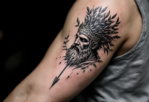 mythological warrior that under the face come down a long arrow and surrounded by a olive tree leaf around tattoo idea