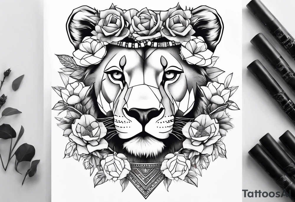 Beautiful lioness with necklace and a flower headband tattoo idea