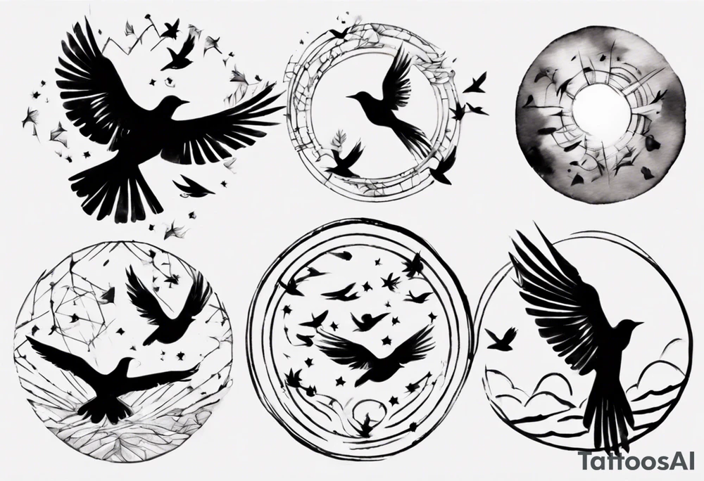 shoulder tattoo with light rays with birds flying free among the clouds, round shape, 3d effect tattoo idea shoulder tattoo with light rays with birds flying free among the clouds, round shape, 3d effect tattoo idea