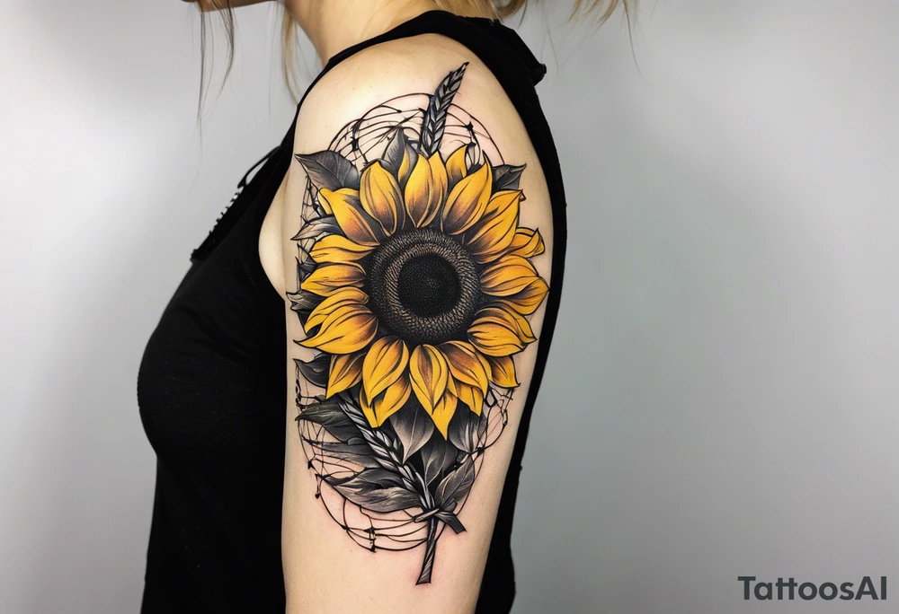 Sunflower, wheat, and barbed wire half sleeve tattoo idea