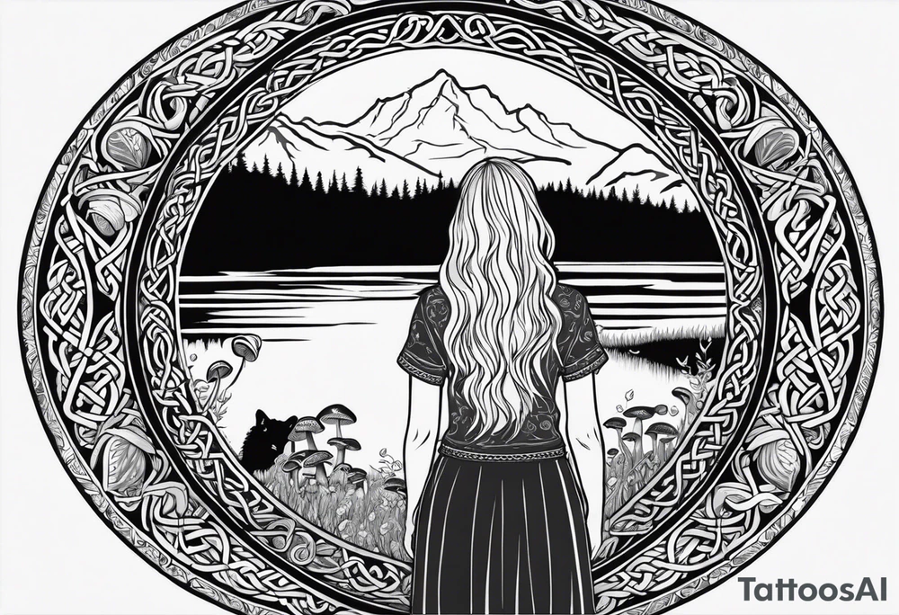 Whole picture encircled fully

Straight long blonde hair hippie girl in distance holding mushrooms in hand facing away toward mountains and creek surrounded by mushrooms long sleeve shirt and hiking pants; whole rendering within a full celtic circle border, no cut off circle tattoo idea
