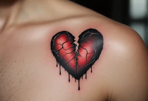 A hyper-realistic broken heart with deep crimson cracks, oozing black ink-like tears, symbolizing pain and healing. tattoo idea