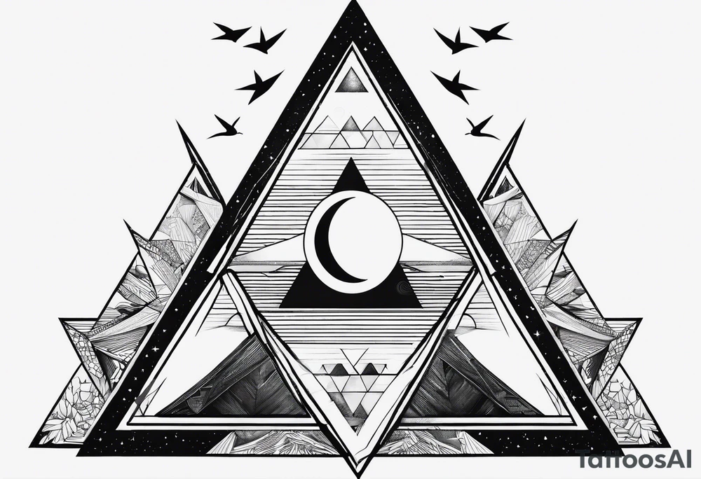 Double triangle with one unclosed delta, crescent moon, swallows tattoo idea Double triangle with one unclosed delta, crescent moon, swallows tattoo idea