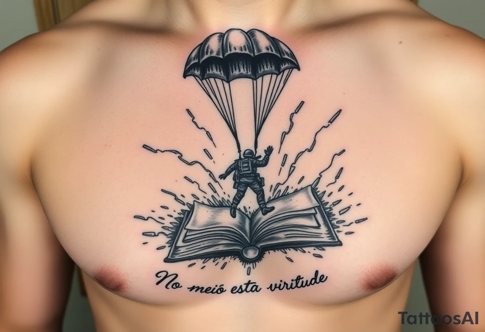 A parachuting soldier landing into an open book. Chaos surrounding, but the book is protecting the soldier from it. On the chest. Make it smaller. Make it thought provoking. "No meio esta a virtude" underneath the book. Make the chaos in the environment be a thunderstorm tattoo idea