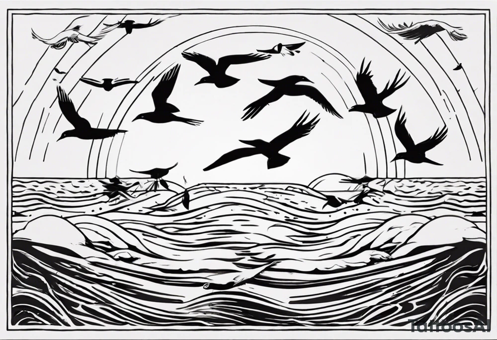Sun over the sea with birds flying in a rectangle tattoo idea Sun over the sea with birds flying in a rectangle tattoo idea
