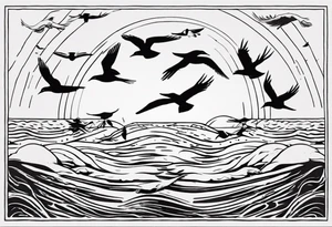 Sun over the sea with birds flying in a rectangle tattoo idea