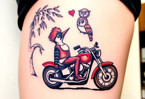 Woody the woodpecker wearing a leather vest that says peckerwoods, on a Harley Davidson under a willow tree, gazing in love at a barn owl tattoo idea