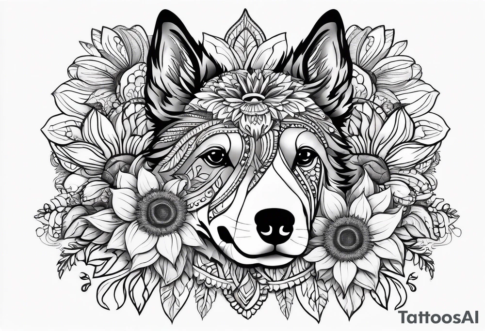 Alebrije dog face with sunflowers tattoo idea