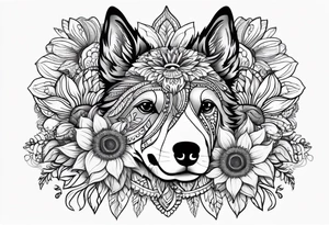 Alebrije dog face with sunflowers tattoo idea