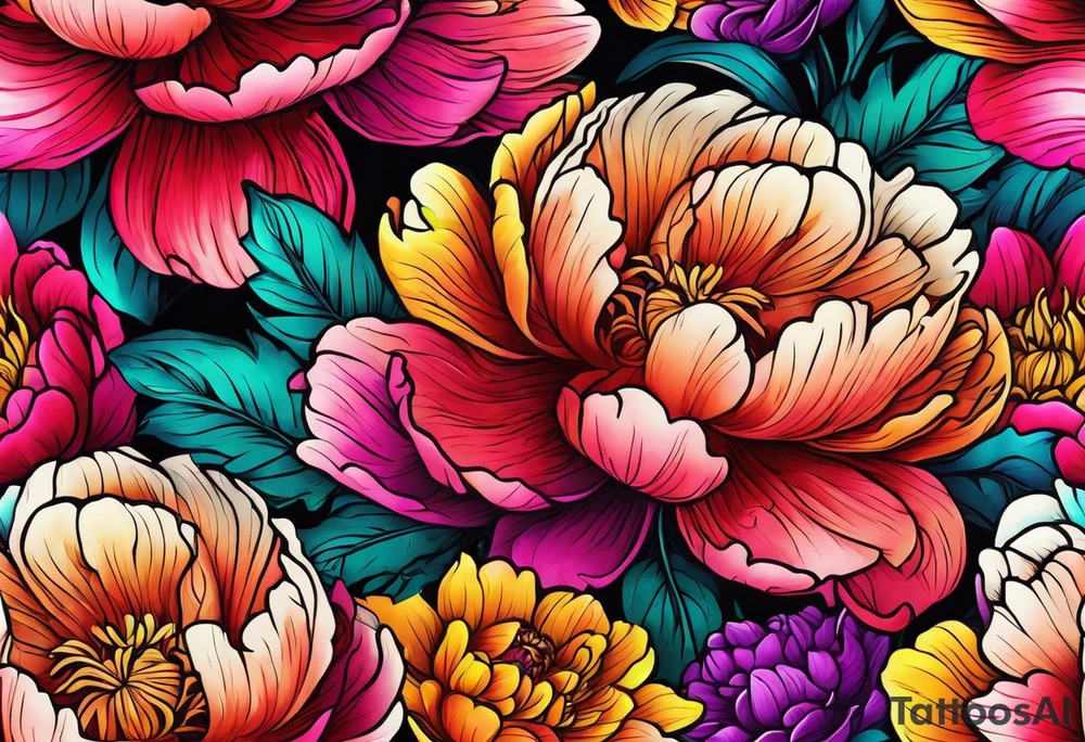 beautiful. colorful, neon, multicolored peony, white background, highly detailed, new school, new school style, street style, streetwear, urban wear tattoo idea