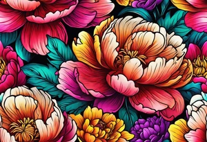 beautiful. colorful, neon, multicolored peony, white background, highly detailed, new school, new school style, street style, streetwear, urban wear tattoo idea