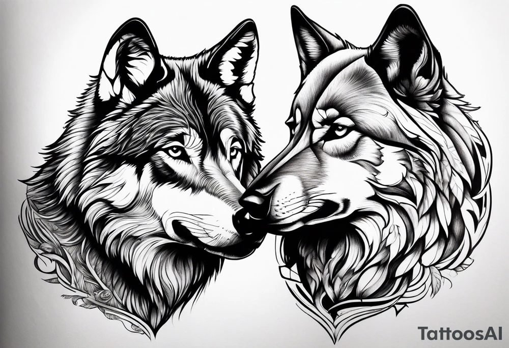 Realistic male wolf and female wolf 
bonding tattoo idea