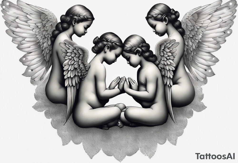 Six angels praying together. two boy angels are standing in the back of the three girl angel, with their wings gently enfolding a baby angel in a protective embrace tattoo idea
