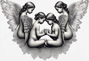 Six angels praying together. two boy angels are standing in the back of the three girl angel, with their wings gently enfolding a baby angel in a protective embrace tattoo idea