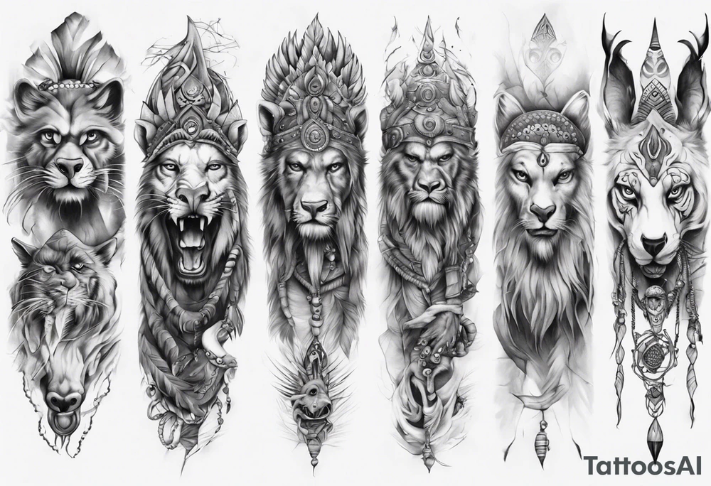 indian realistic leg sleeve with maybe some animals evil looking tattoo idea