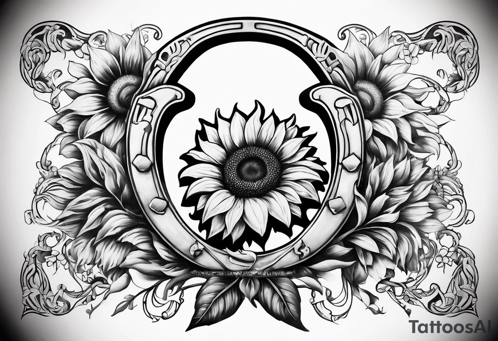 A steel horseshoe with a sunflower in the center tattoo idea