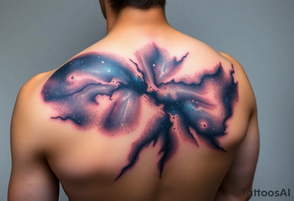 Beautiful and epic 3d milky way that appears to be what is beneath the skin. Make it drape over the shoulder and move to the middle back. use negative spaces to create stars and dust. Keep it symmetrical and focus on the beauty of space tattoo idea