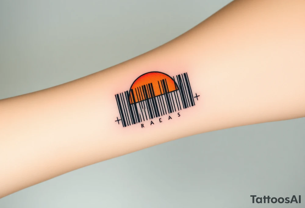 A barcode that transitions into a rising sun in red, orange and pink color tattoo idea