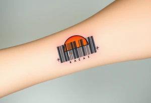 A barcode that transitions into a rising sun in red, orange and pink color tattoo idea