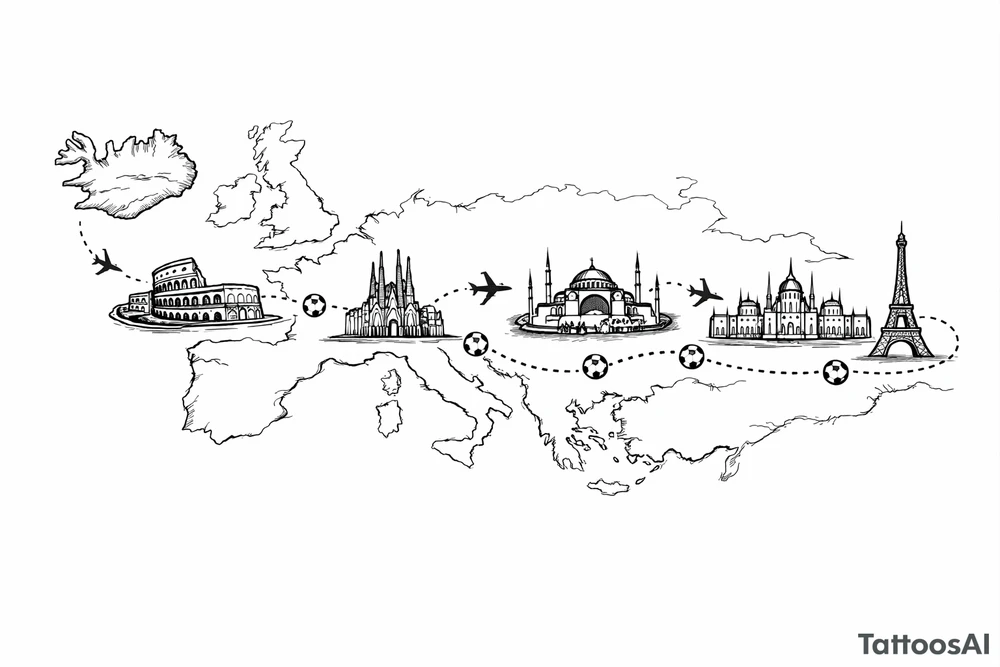 A football journey no crests
A fine-line world map or stylized route connecting Iceland ➔ Italy ➔ Spain ➔ Turkey ➔ Hungary ➔ France, with minimalist markers for each club. tattoo idea