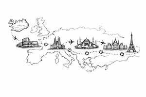 A football journey no crests
A fine-line world map or stylized route connecting Iceland ➔ Italy ➔ Spain ➔ Turkey ➔ Hungary ➔ France, with minimalist markers for each club. tattoo idea
