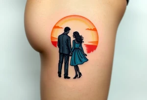 A soft watercolor sunset with two silhouetted figures holding hands, symbolizing a lifetime of love and support tattoo idea