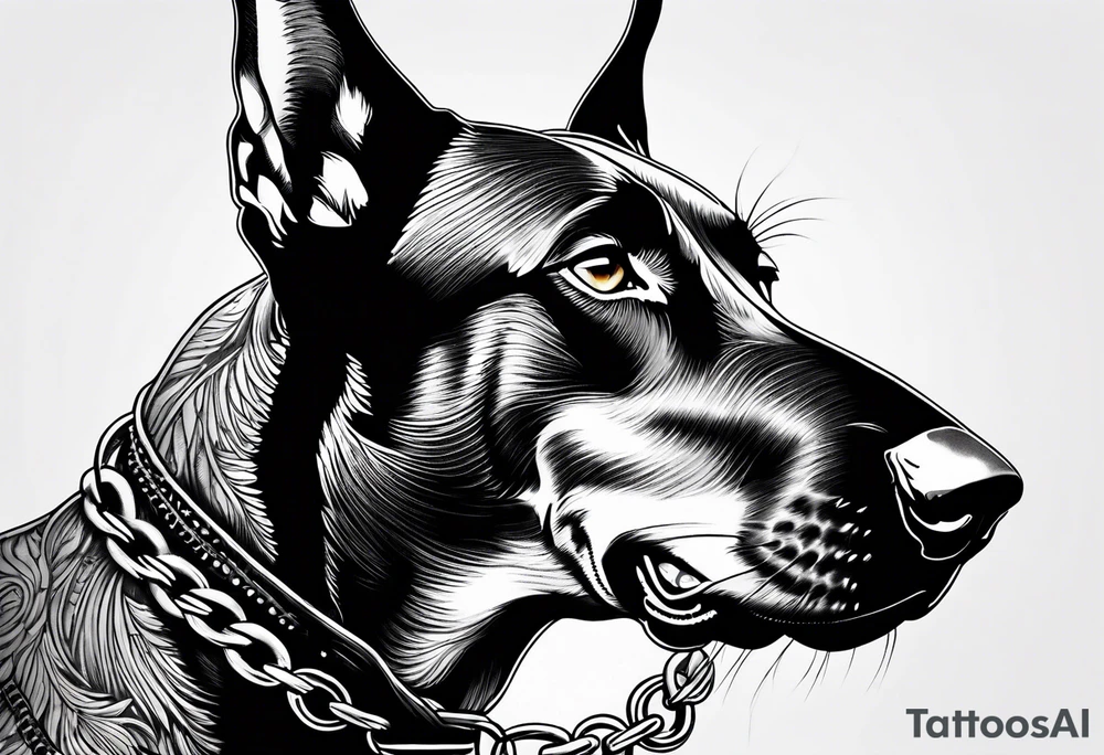 Doberman with open mouth biting
Wearing chain tattoo idea