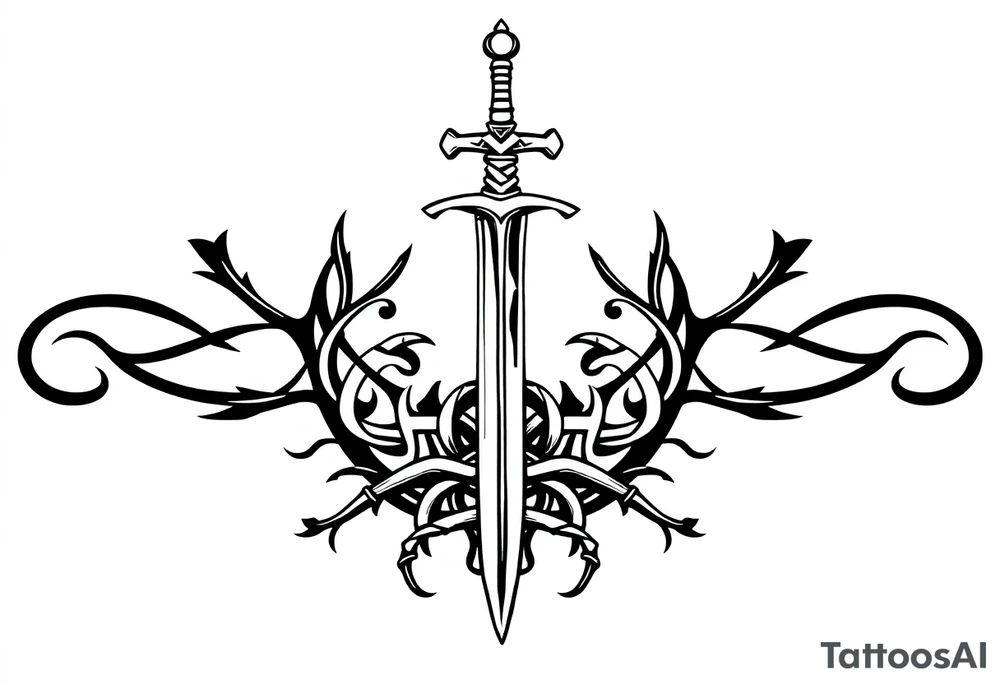 a single sword with an overgrown Celtic knot band infused with roots tattoo idea