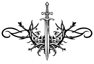 a single sword with an overgrown Celtic knot band infused with roots tattoo idea