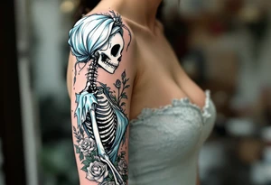 Tim Burton’s skeletal bride wears a tattered ice-blue gown, with wilted gray roses in her hand. tattoo idea