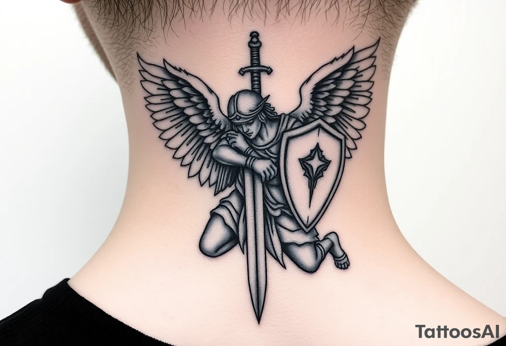Kneeling warrior angel with a sword and shield tattoo idea